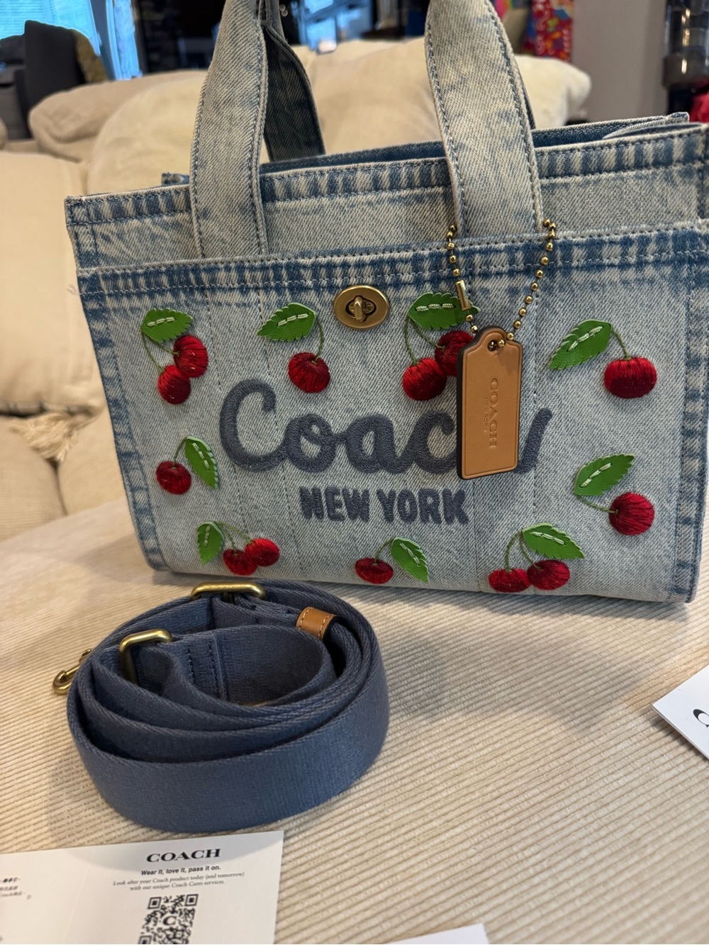 Coach Denim Cherry Embroidered Mini Tote - Light Blue with Red & Green Accents - Picture 6 of 8
